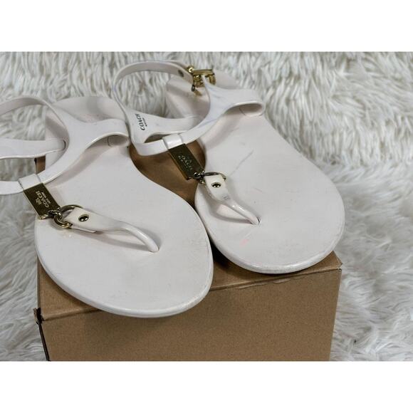 Coach Sandals Womens Size 9B White Jelly T-Strap Thong Gold Hardware Ankle Strap - Picture 5 of 6